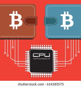 Abstract colorful background with two bitcoin wallets and a central processing unit
