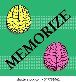 Abstract colorful background with two brains, one colored in yellow and the other one in pink and the word memorize written between the two brains