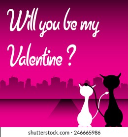 Abstract colorful background with two cats watching towards a city and the text will you be my Valentine written with white letters. Valentine theme
