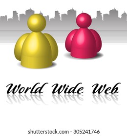 Abstract colorful background with two characters colored in pink and yellow and the text world wide web written bellow with black handwritten letters. Internet theme
