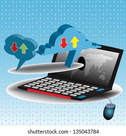 Abstract colorful background with two clouds coming out from a laptop's screen. Cloud computing concept
