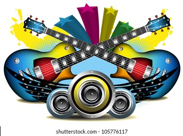 Abstract colorful background with two crossed electric guitars, loudspeakers and black wings