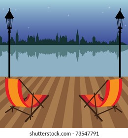 Abstract colorful background with two extensible chairs in front of a city which is reflecting in the water