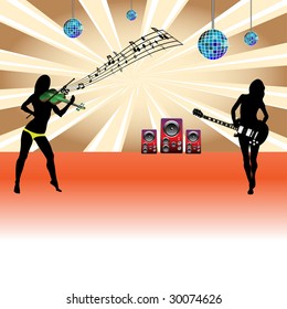 Abstract colorful background with two female silhouettes playing the violin and the guitar