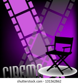 Abstract colorful background with two filmstrips, a movie director chair and the word cinema written bellow with capital letters