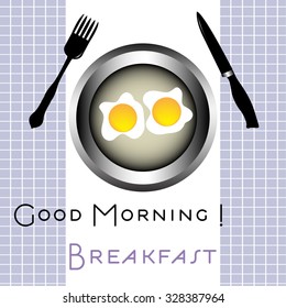 Abstract colorful background with two fried eggs on a plate and the text Good Morning breakfast written bellow. Breakfast theme