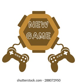 Abstract colorful background with two game console controllers connected to a new game. New game concept