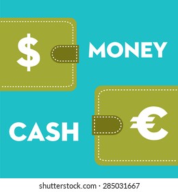 Abstract colorful background with two green wallets on a blue background and the text cash money written with white capital letters
