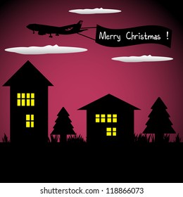 Abstract colorful background with two houses, fir trees and a plane flying above with a black banner on which is written Merry Christmas. Christmas theme