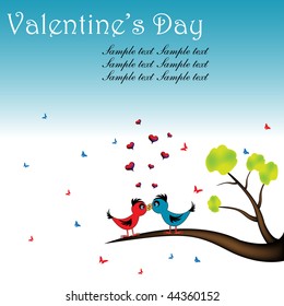 Abstract colorful background with two love birds standing on the branch of a tree surrounded by colorful butterflies