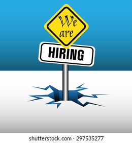 Abstract colorful background with two plates with the text we are hiring coming out from an ice crack