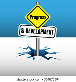 Abstract colorful background with two plates with the text progress and development coming out from an ice crack