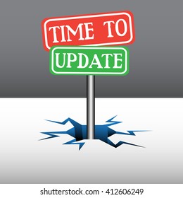 Abstract colorful background with two plates with the text time to update coming out from an ice crack