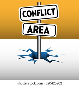 Abstract colorful background with two plates with the text conflict area coming out from an ice crack