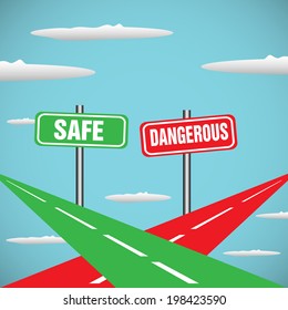 Abstract colorful background with two roads intersecting in skies. Safe way and dangerous way concept
