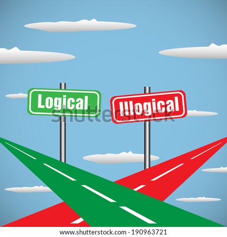 Abstract colorful background with two roads intersecting in the skies and two plates with the text logical and illogical written on each road