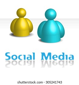 Abstract colorful background with two rounded characters in yellow and blue and the text social media written bellow with blue letters