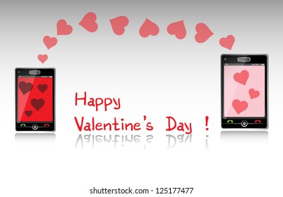 Abstract colorful background with two smart phones sending love messages to one another. Valentines Day concept