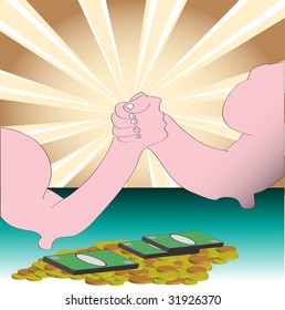 Abstract colorful background with two strong arms wrestling for a huge amount of money