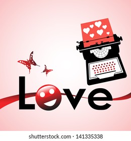 Abstract colorful background with typing machine writing love letters and the word love written on the lower side of the image