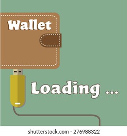 Abstract colorful background with an USB flash drive uploading a wallet with money. Virtual money concept