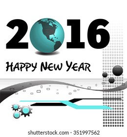 Abstract colorful background with various decorations, the text Happy New Year 2016 written in black and a blue earth globe standing instead of number zero