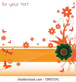 Abstract colorful background with various flowers, butterflies and dragonflies. Springtime concept