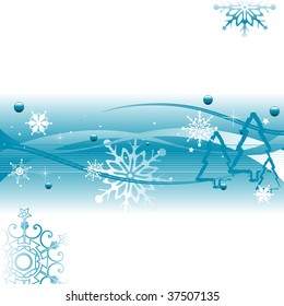 Abstract colorful background with various snowflake shapes, thin white stripes and small fir tree silhouettes