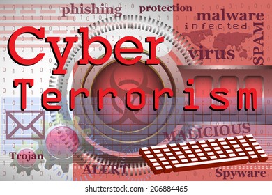 Abstract colorful background with various words and elements related to computers, internet and the text cyber terrorism written with red letters