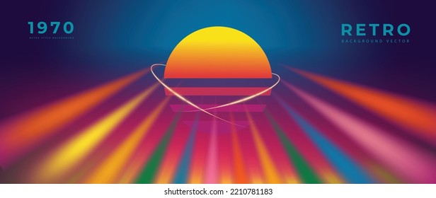 Abstract colorful background vector. 70s retro vintage style creative cover with rainbow light, ray, groovy texture, 1970 color. Trippy illustration design for decorative, wall art, poster, banner.
