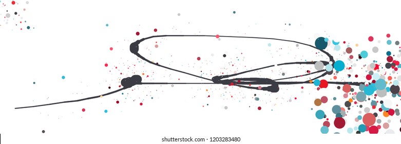 Abstract colorful background. Vector illustration in the style of ink drawing. Circles of different colors and diameters randomly arranged along a curved line.