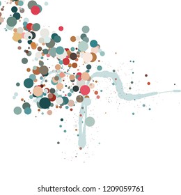 Abstract colorful background. Vector illustration in the style of ink drawing. Circles of different colors and diameters randomly arranged along a curved line and isolated on a white backdrop.