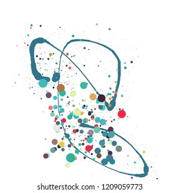 Abstract colorful background. Vector illustration in the style of ink drawing. Circles of different colors and diameters randomly arranged along a curved line and isolated on a white backdrop.