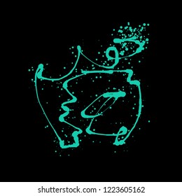 Abstract colorful background. Vector illustration in the style of ink drawing. Circles of different colors and diameters randomly arranged along a curved line and isolated on a black backdrop.