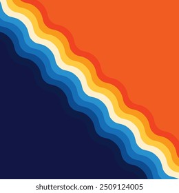 Abstrakter, bunter Hintergrund-Vektor. Vintage Retro Tapete mit Regenbogenstreifen und gewellten Linien. Eine 1970 farbige Illustration, die sich für Poster, Banner, Dekorationsgegenstände und Wandkunst eignet.