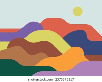 Abstract and colorful background. Vibrant and minimalist landscape with Boho and Mid-Century Modern aesthetics. Summer banner for your designs and layouts.