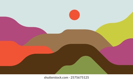 Abstract and colorful background. Vibrant and minimalist landscape with Boho and Mid-Century Modern aesthetics. Summer banner for your designs and layouts.