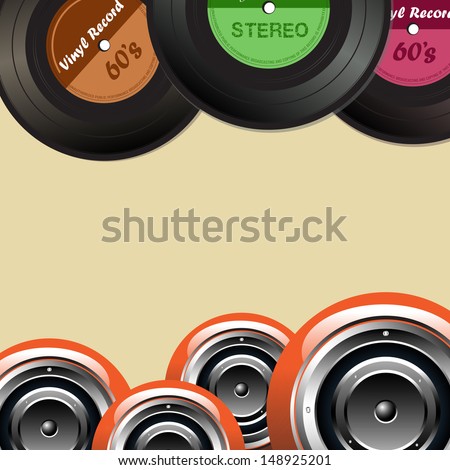 Abstract colorful background with vinyl records and orange loudspeakers