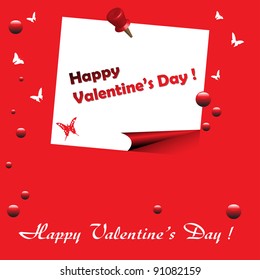Abstract colorful background with white butterflies, red bubbles and a paper with the text Happy Valentine's Day pinned to a red wall