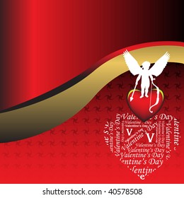Abstract colorful background with white cupid shape holding an arrow and standing on a red heart. Valentine's Day theme