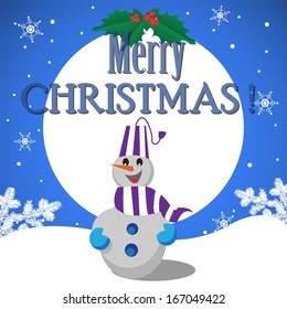 Abstract colorful background with white snowflakes, mistletoe, happy snowman and the text Merry Christmas written with blue letters