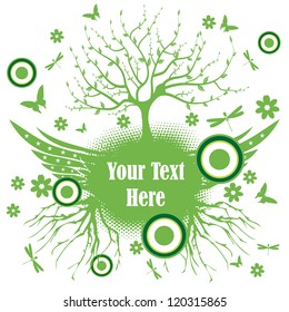 Abstract colorful background with winged tree, circles, butterflies and flowers. Nature concept