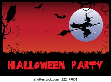 Abstract colorful background with a witch flying on a broom in front of a full moon. Halloween party concept