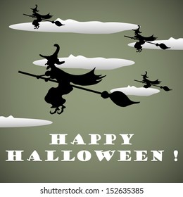 Abstract colorful background with witches flying on brooms among clouds. Halloween concept