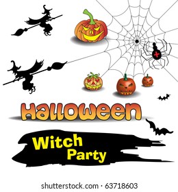 Abstract colorful background with witches, Halloween pumpkins, spider on a spiderweb, and bat shapes flying. Halloween witch party concept