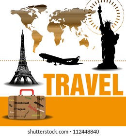 Abstract colorful background with the world map, the Statue of Liberty, the Eiffel Tower, a plane and a suitcase. Traveling concept