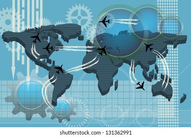 Abstract colorful background with world map and planes flying all over the world. Plane traveling concept