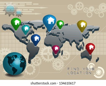 Abstract colorful background with world map and house symbols rising up from different spots as location signals