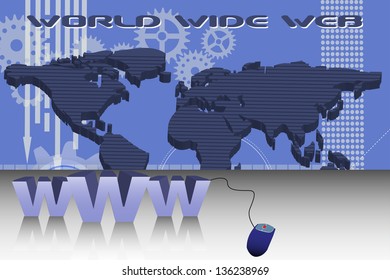 Abstract colorful background with world map and a blue computer mouse connected to the www symbol. World wide web concept