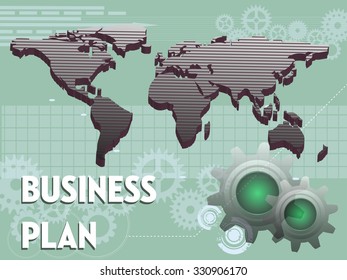 Abstract colorful background with world map, green gears and the text business plan written with white letters. Business plan concept